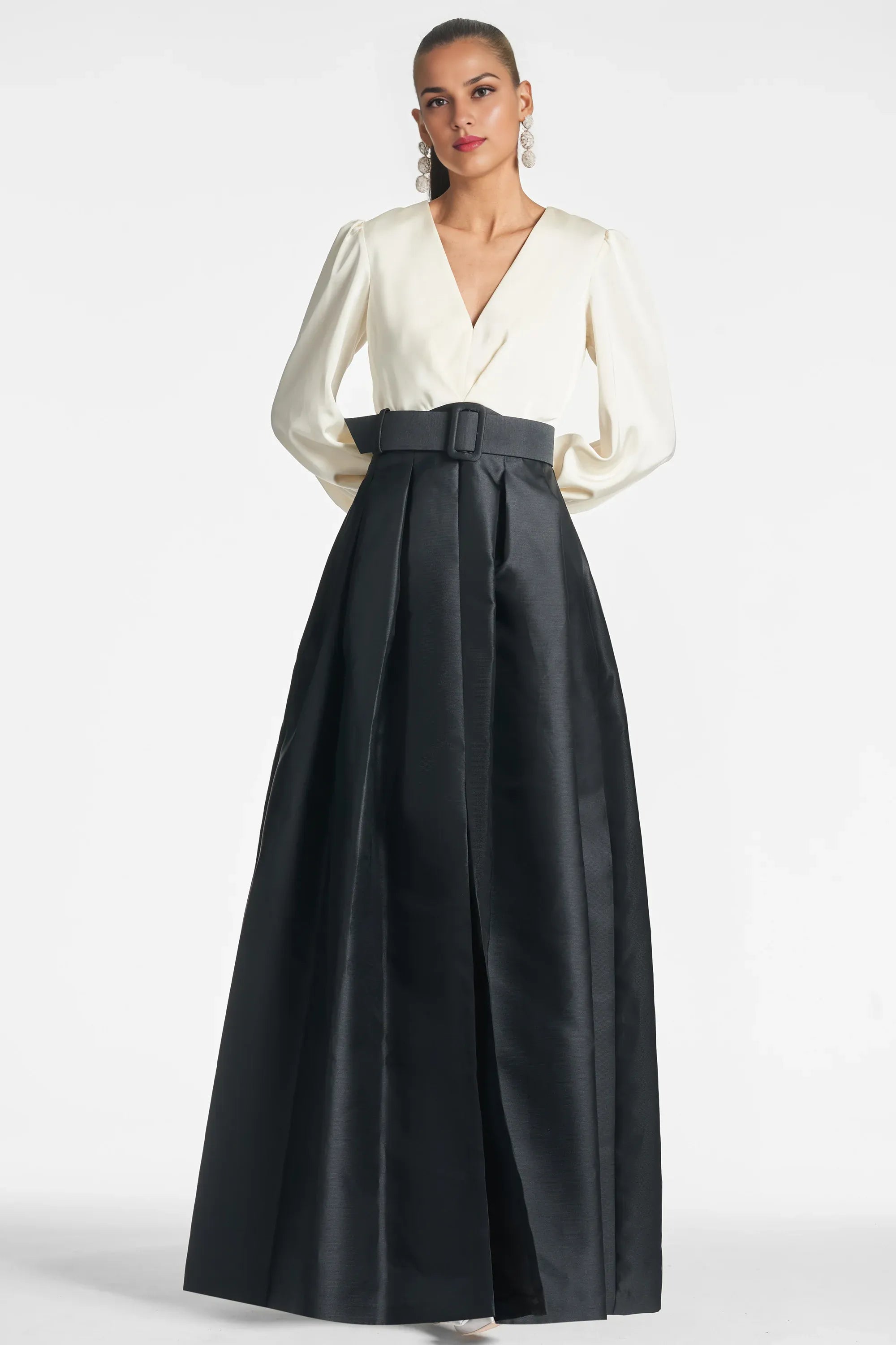 Two Tone Balloon Sleeve Ballgown V Neck Long Sleeve Zipper Back Floor Length For Women Evening Dress