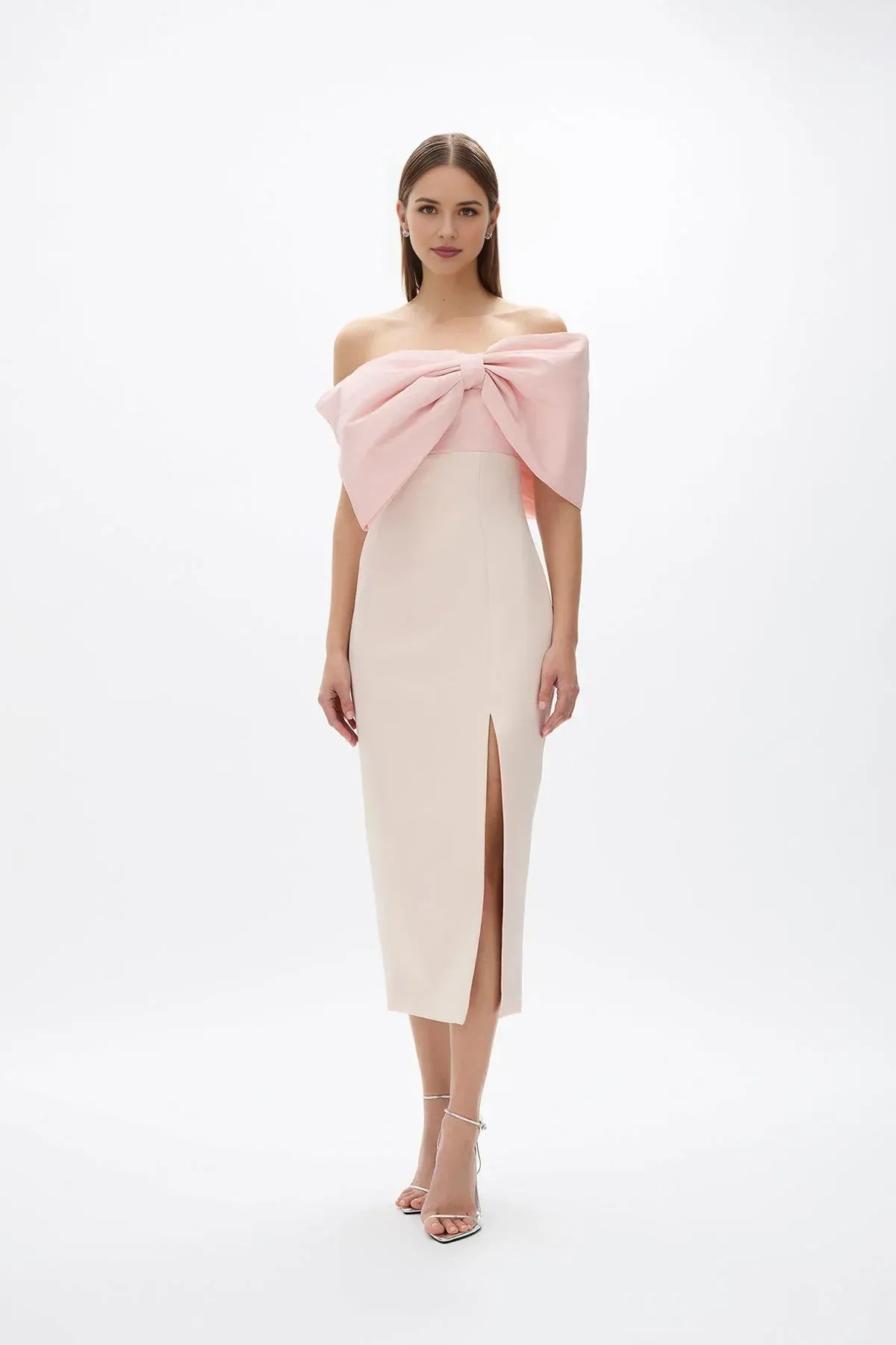 Two Toned Sheath Off the Shoulder Sleeveless Zipper Back High Slit Midi Length For Ladies Prom Dress