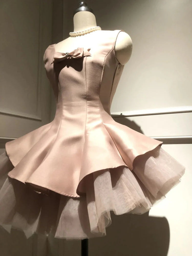 Unique A line Scoop Pink Satin Short Mini Formal 8th Grade Homecoming Dresses Middle School Short Cocktail Dress Hoco Outfits simple gentle atmospheric and unique desi Bring summer colors to enhance whiteness