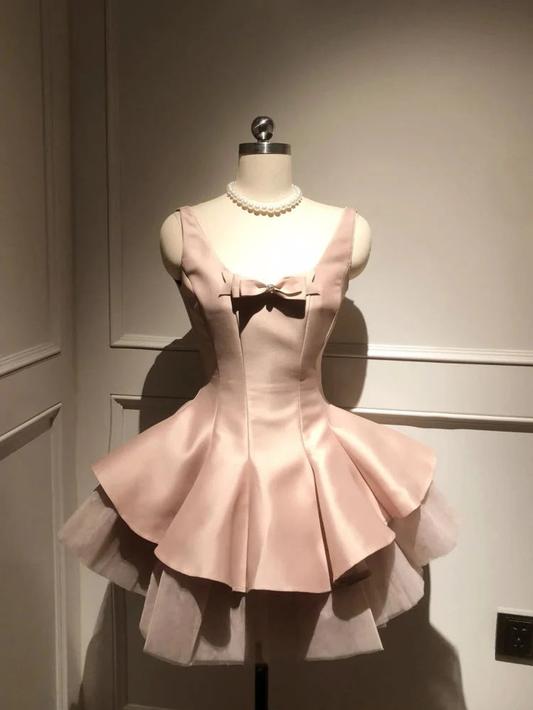 Unique A line Scoop Pink Satin Short Mini Formal 8th Grade Homecoming Dresses Middle School Short Cocktail Dress Hoco Outfits simple gentle atmospheric and unique desi Bring summer colors to enhance whiteness