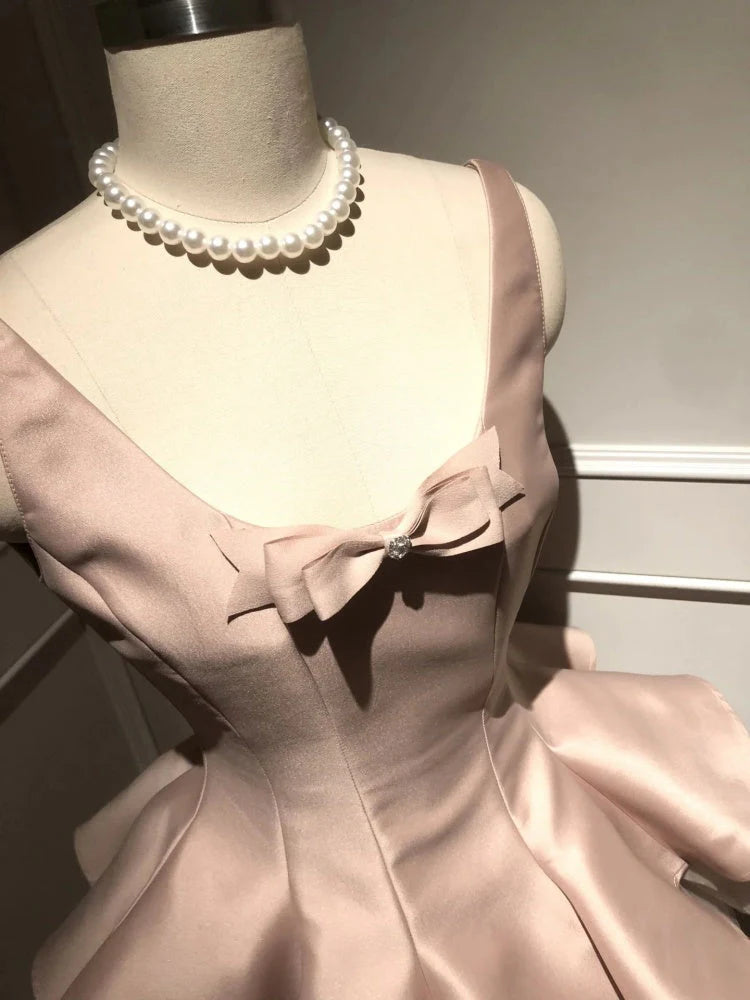 Unique A line Scoop Pink Satin Short Mini Formal 8th Grade Homecoming Dresses Middle School Short Cocktail Dress Hoco Outfits simple gentle atmospheric and unique desi Bring summer colors to enhance whiteness