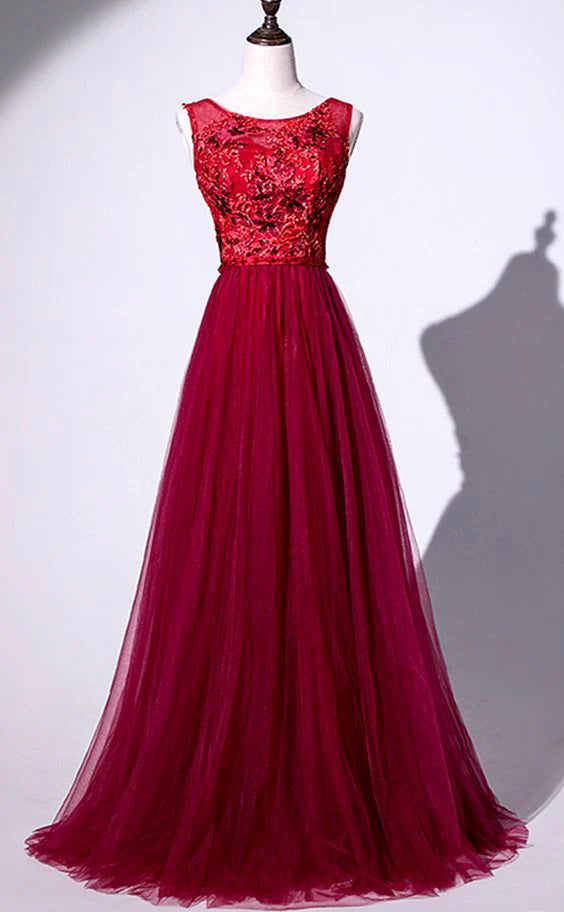 Unique Burgundy Tulle Lace Open Back Long Prom Dress simple gentle atmospheric and unique desi Bring summer colors to enhance whiteness