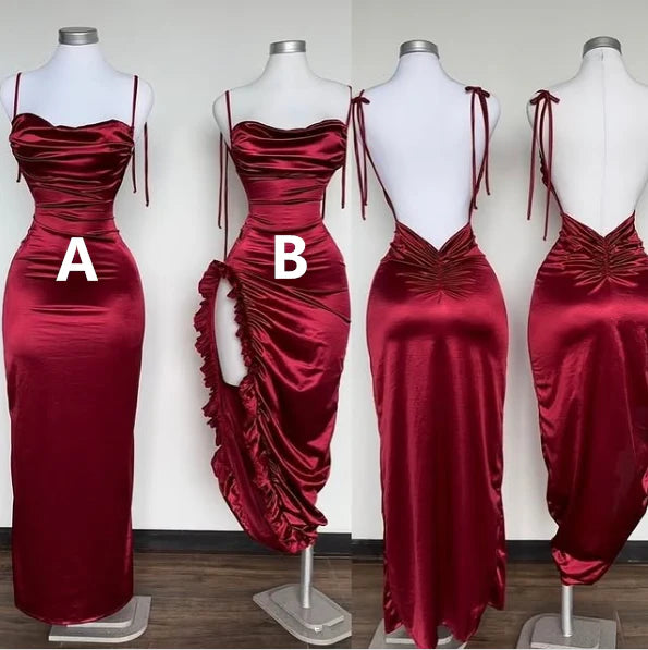 Unique Dark Red Spaghetti Straps Sheath Prom Dress Wedding Party Dresses simple gentle atmospheric and unique desi Bring summer colors to enhance whiteness