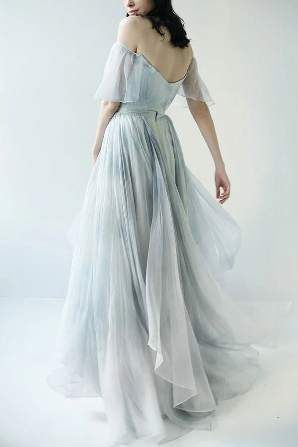 Unique Grey Blue Off-the-Shoulder Long Prom Dresses Garden Wedding Dresses simple gentle atmospheric and unique desi Bring summer colors to enhance whiteness