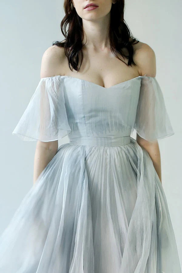 Unique Grey Blue Off-the-Shoulder Long Prom Dresses Garden Wedding Dresses simple gentle atmospheric and unique desi Bring summer colors to enhance whiteness