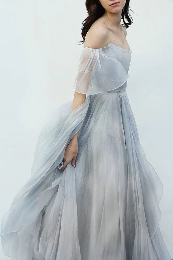 Unique Grey Blue Off-the-Shoulder Long Prom Dresses Garden Wedding Dresses simple gentle atmospheric and unique desi Bring summer colors to enhance whiteness