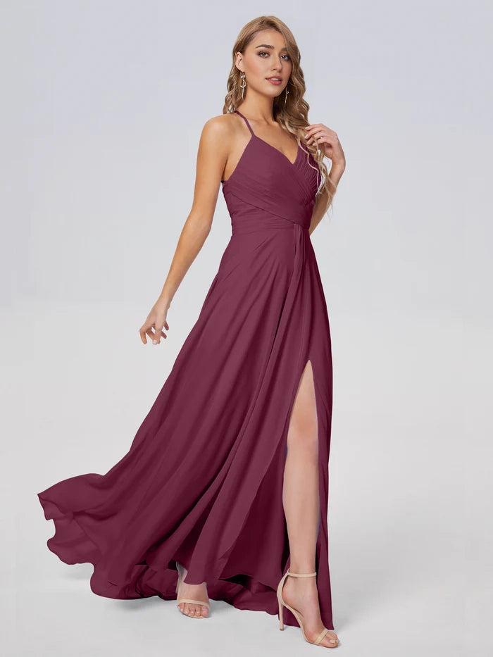 Unique Straps Chiffon Bridesmaid Dresses with Slit simple gentle atmospheric and unique desi Bring summer colors to enhance whiteness