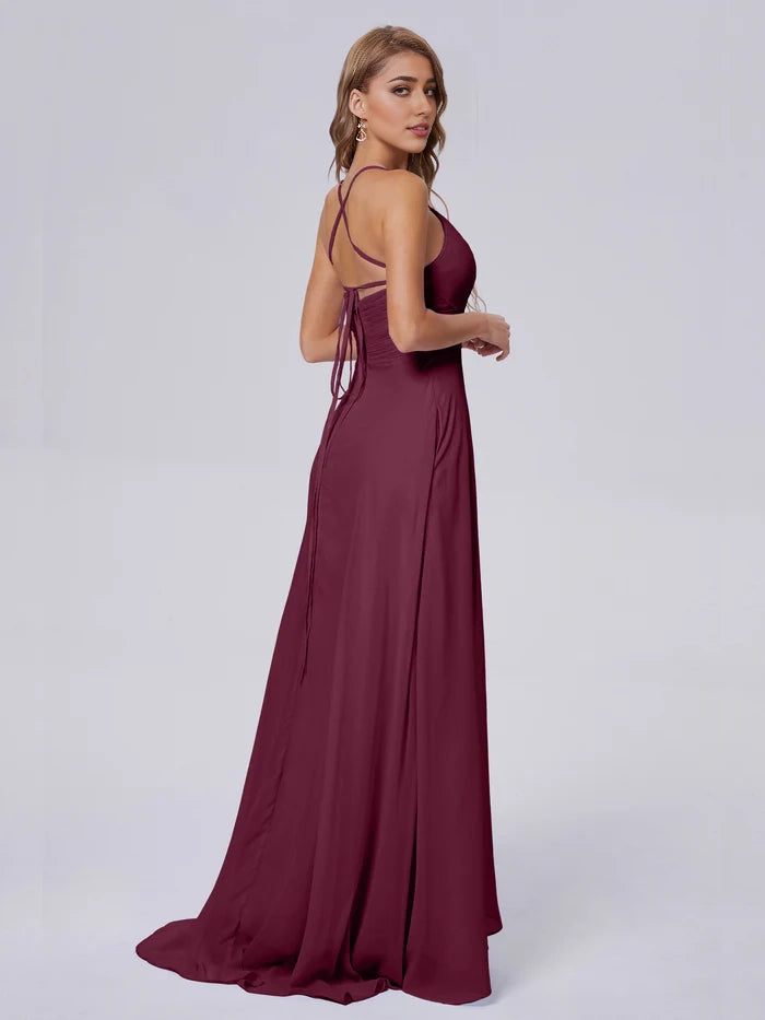 Unique Straps Chiffon Bridesmaid Dresses with Slit simple gentle atmospheric and unique desi Bring summer colors to enhance whiteness