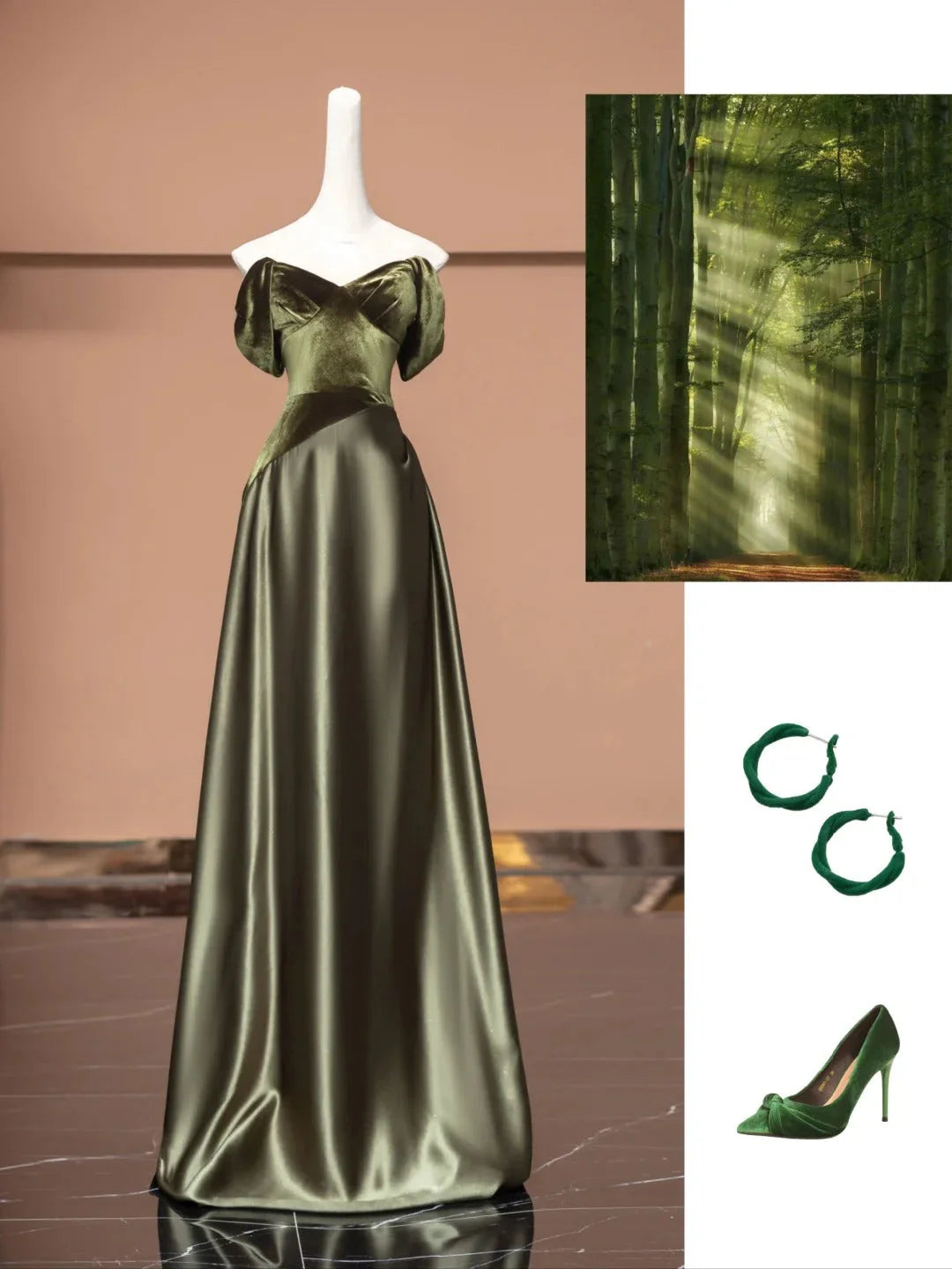 Unlock the high-end feel of the dinner party! A one shoulder dress with a collision of velvet and satin, paired with matching accessories in the same color, it is absolutely stunning