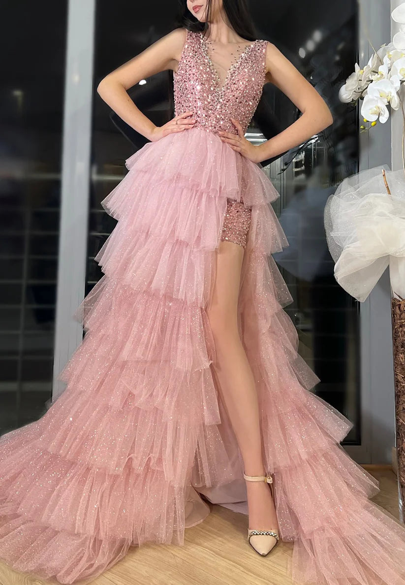 V-Neck Beaded Sequins Tiered Ball Gown A-Line Prom Dress simple gentle atmospheric and unique desi Bring summer colors to enhance whiteness