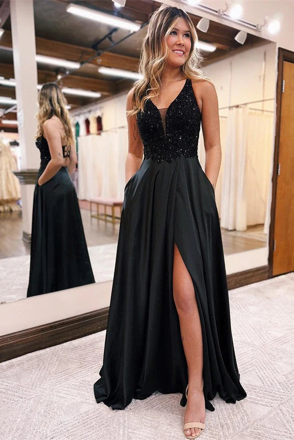 V-Neck Black Prom Dress Sleeveless Split With Split Simple gentle atmospheric and unique design