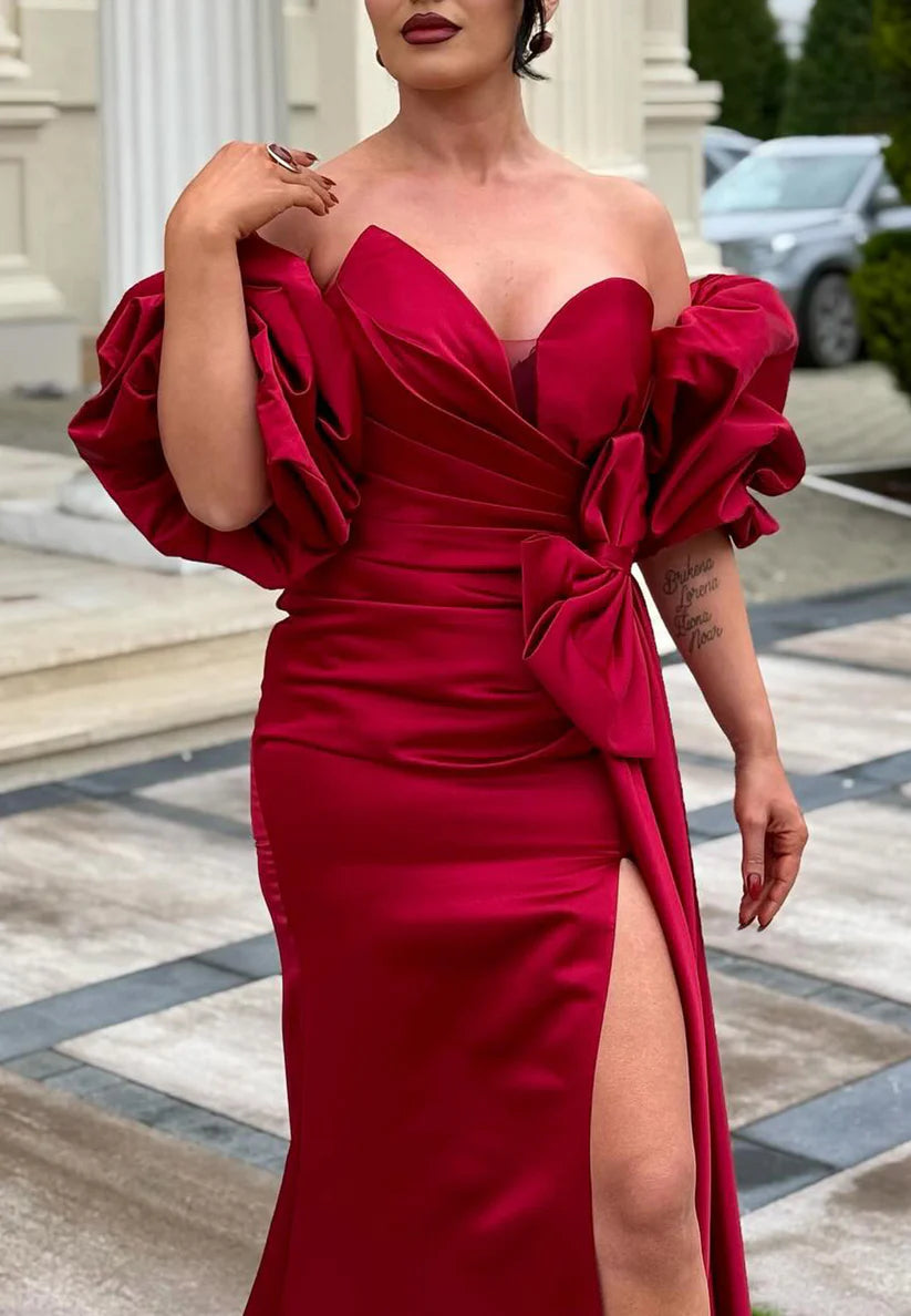 V-Neck Bowknot Puff Slevees Pleated Sheath Evening Dress simple gentle atmospheric and unique desi Bring summer colors to enhance whiteness