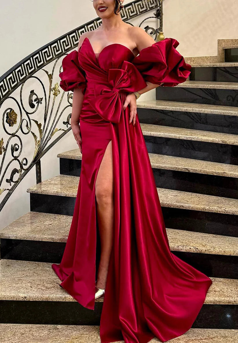 V-Neck Bowknot Puff Slevees Pleated Sheath Evening Dress simple gentle atmospheric and unique desi Bring summer colors to enhance whiteness