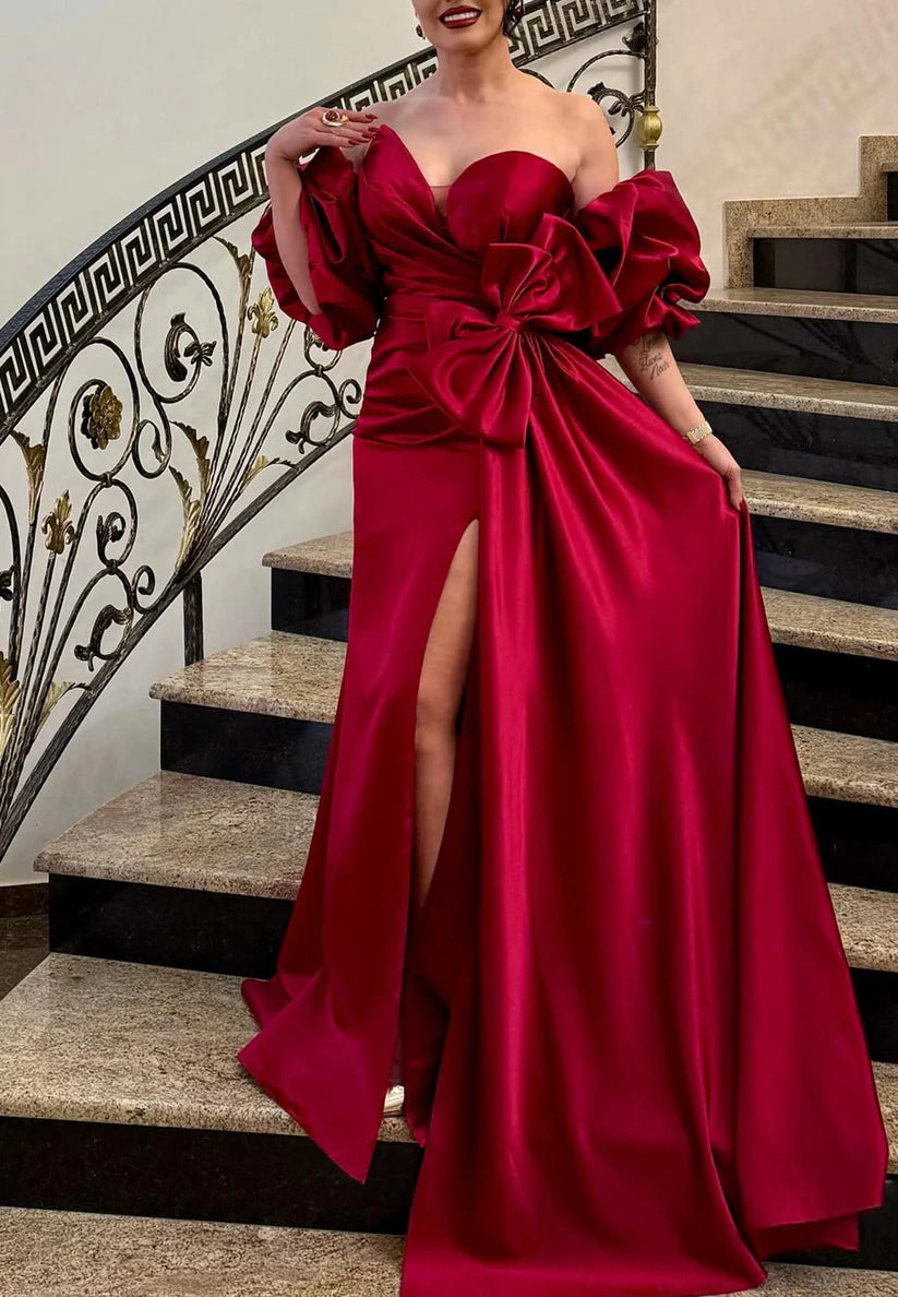 V-Neck Bowknot Puff Slevees Pleated Sheath Evening Dress simple gentle atmospheric and unique desi Bring summer colors to enhance whiteness