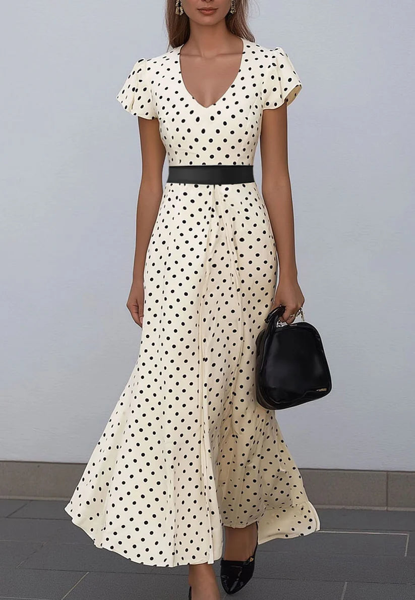 V-Neck Cap Sleeves Casual A-Line Wedding Guest Dress simple gentle atmospheric and unique desi Bring summer colors to enhance whiteness