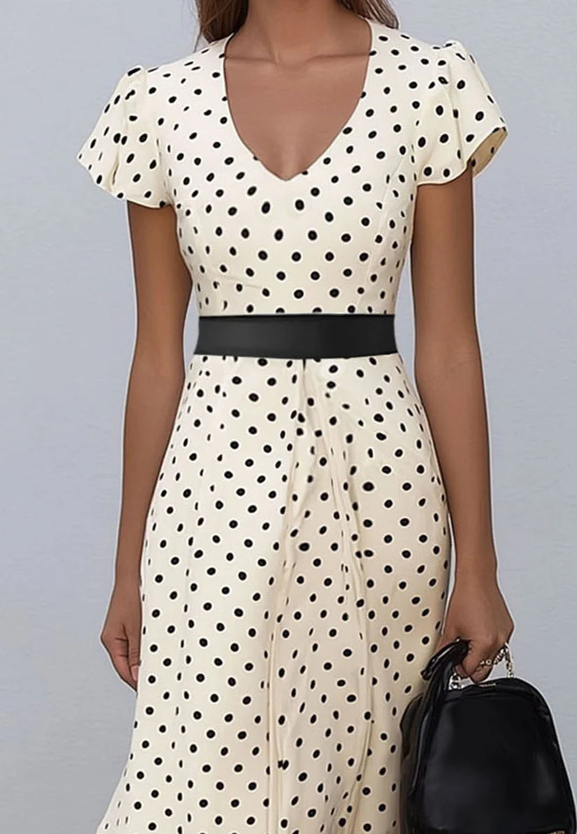 V-Neck Cap Sleeves Casual A-Line Wedding Guest Dress simple gentle atmospheric and unique desi Bring summer colors to enhance whiteness