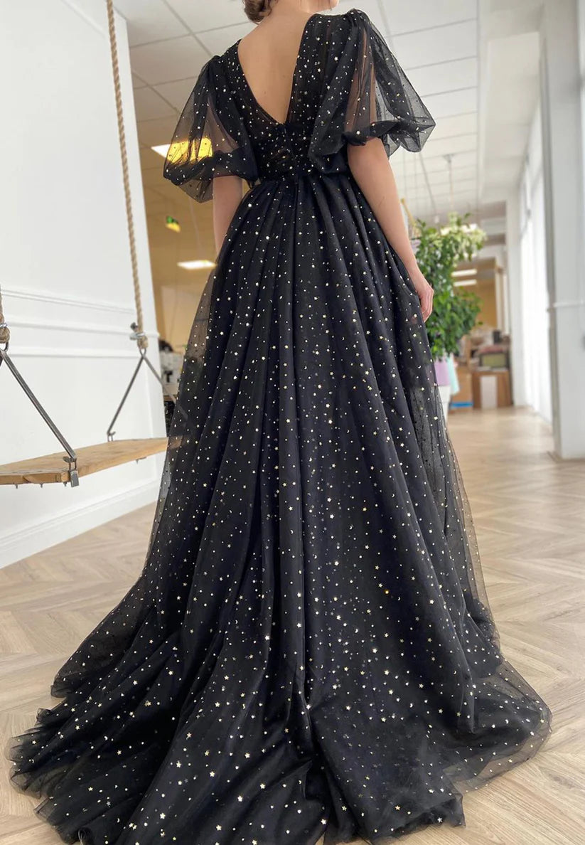 V-Neck Half Sleeves Tulle A-Line Prom Dress simple gentle atmospheric and unique desi Bring summer colors to enhance whiteness