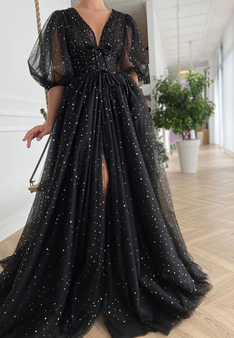 V-Neck Half Sleeves Tulle A-Line Prom Dress simple gentle atmospheric and unique desi Bring summer colors to enhance whiteness