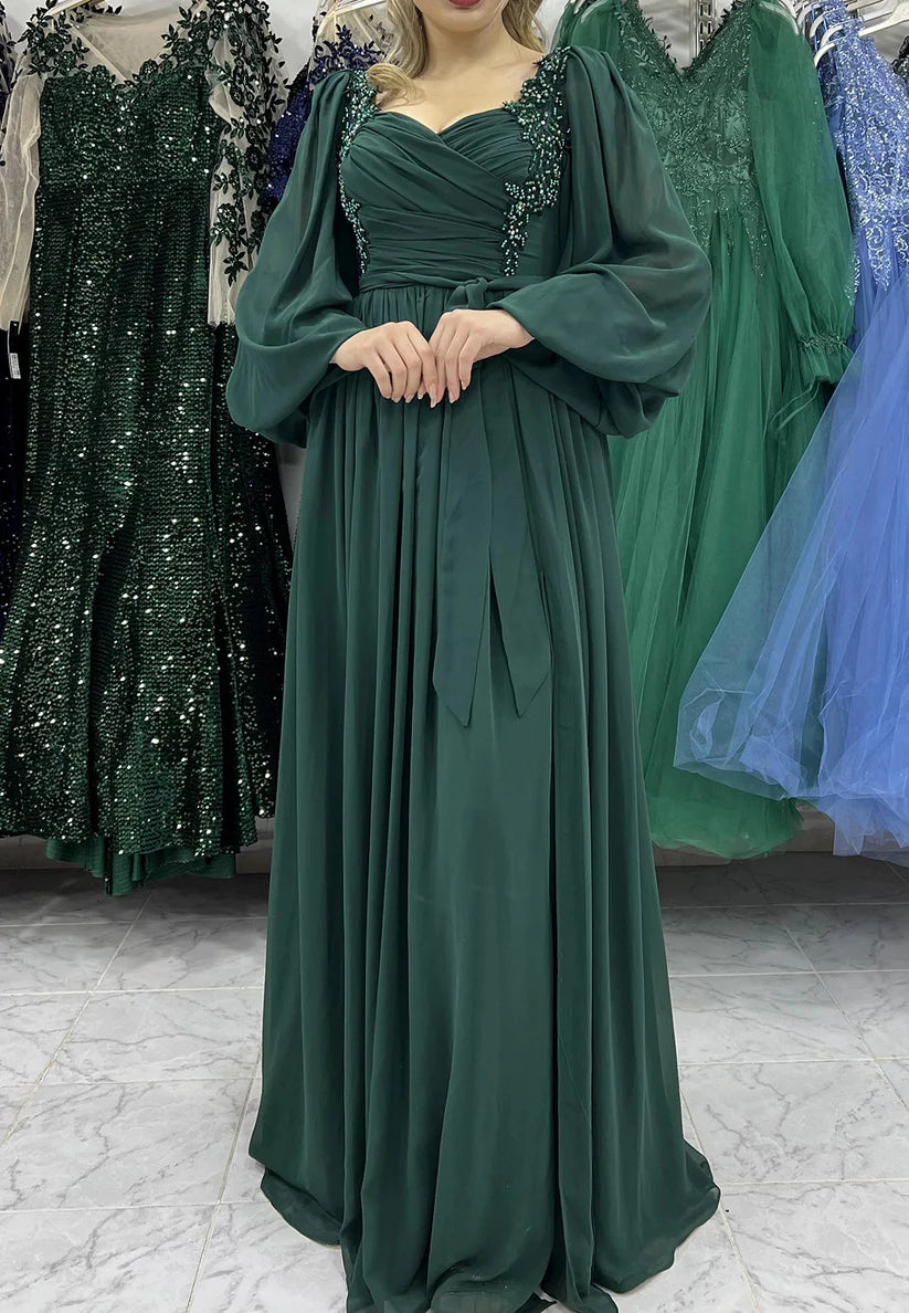 V-Neck Long Sleeves Appliques Chiffon Pleated A-Line Mother of Bride Dress simple gentle atmospheric and unique desi Bring summer colors to enhance whiteness