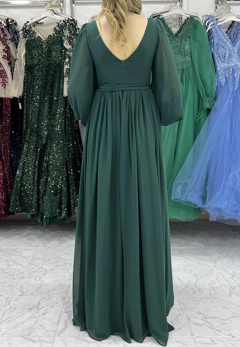 V-Neck Long Sleeves Appliques Chiffon Pleated A-Line Mother of Bride Dress simple gentle atmospheric and unique desi Bring summer colors to enhance whiteness