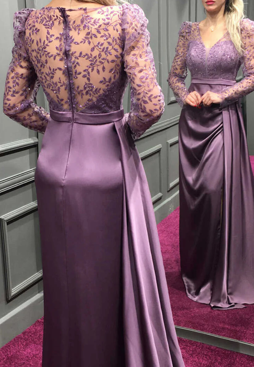 V-Neck Long Sleeves Appliques Pleated Sheath Mother of Bride Dress simple gentle atmospheric and unique desi Bring summer colors to enhance whiteness