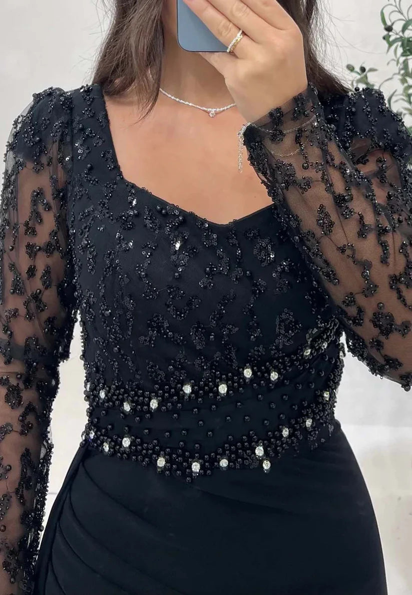 V-Neck Long Sleeves Beaded Emboridery Mermaid Formal Dress simple gentle atmospheric and unique desi Bring summer colors to enhance whiteness
