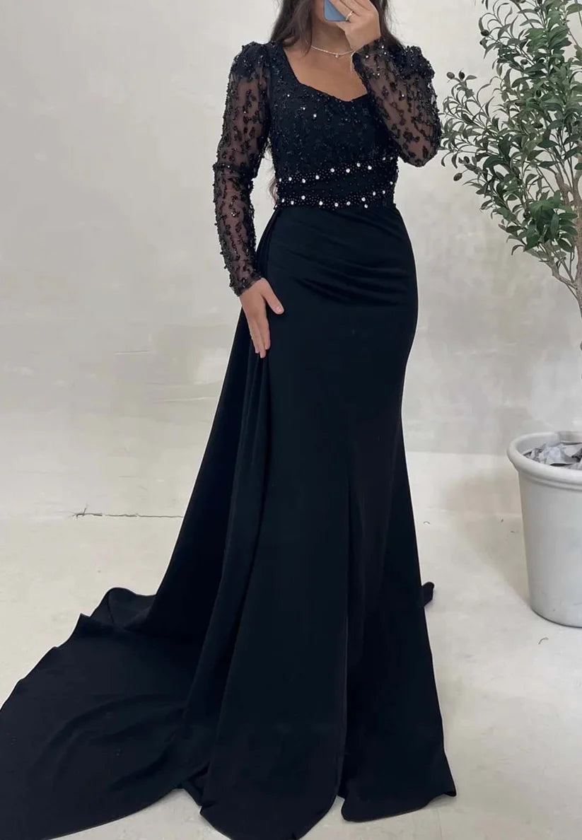 V-Neck Long Sleeves Beaded Emboridery Mermaid Formal Dress simple gentle atmospheric and unique desi Bring summer colors to enhance whiteness