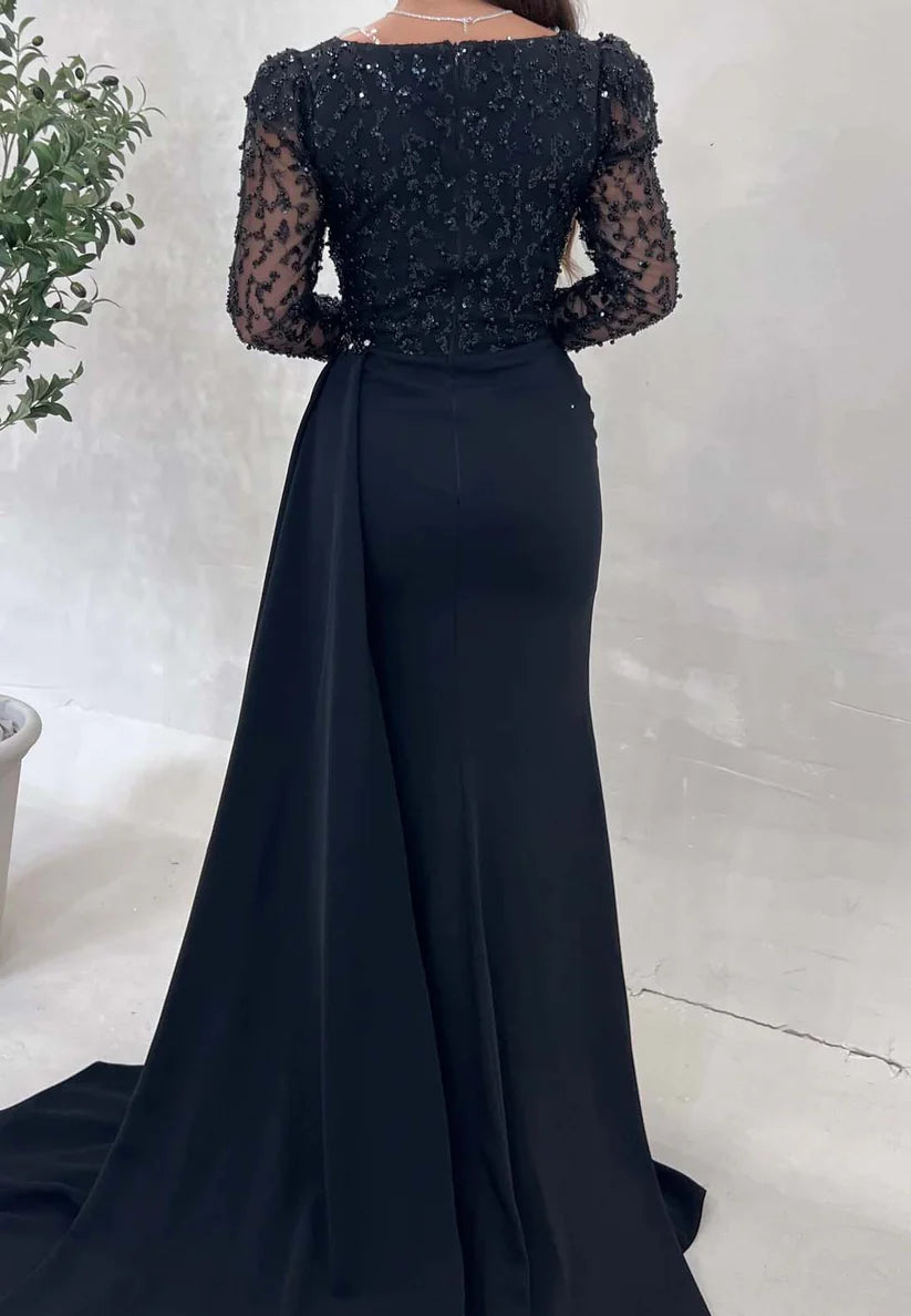 V-Neck Long Sleeves Beaded Emboridery Mermaid Formal Dress simple gentle atmospheric and unique desi Bring summer colors to enhance whiteness