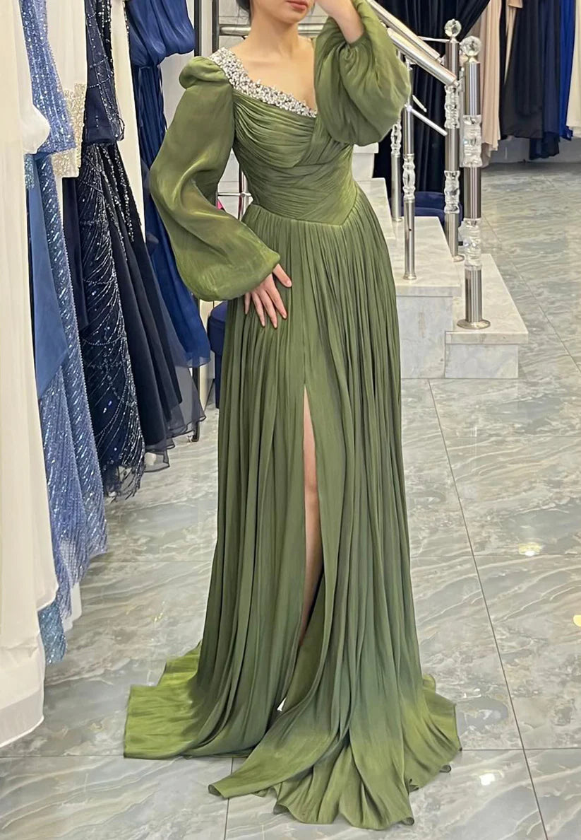 V-Neck Long Sleeves Beaded Pleated A-Line Evening Dress simple gentle atmospheric and unique desi Bring summer colors to enhance whiteness