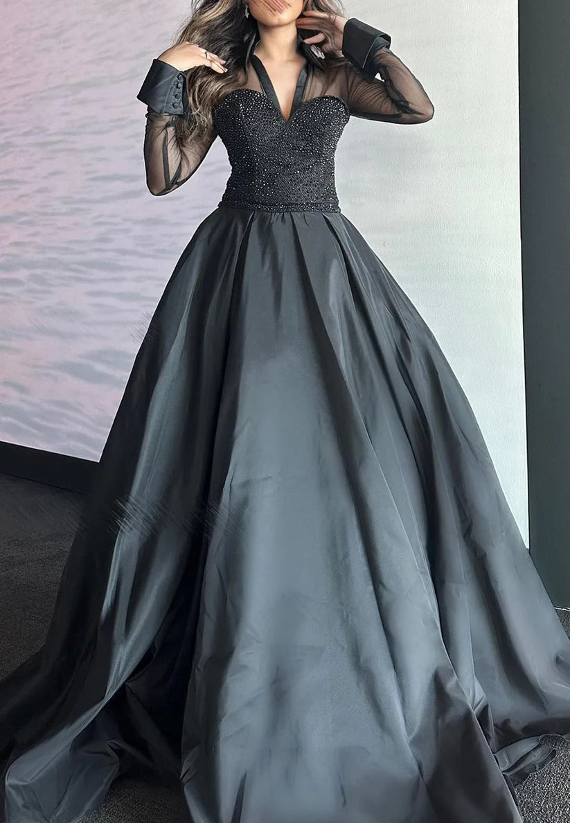 V-Neck Long Sleeves Beaded Pleated A-Line Evening Dress simple gentle atmospheric and unique desi Bring summer colors to enhance whiteness