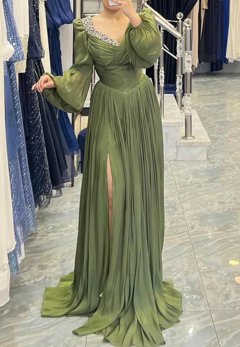 V-Neck Long Sleeves Beaded Pleated A-Line Evening Dress simple gentle atmospheric and unique desi Bring summer colors to enhance whiteness