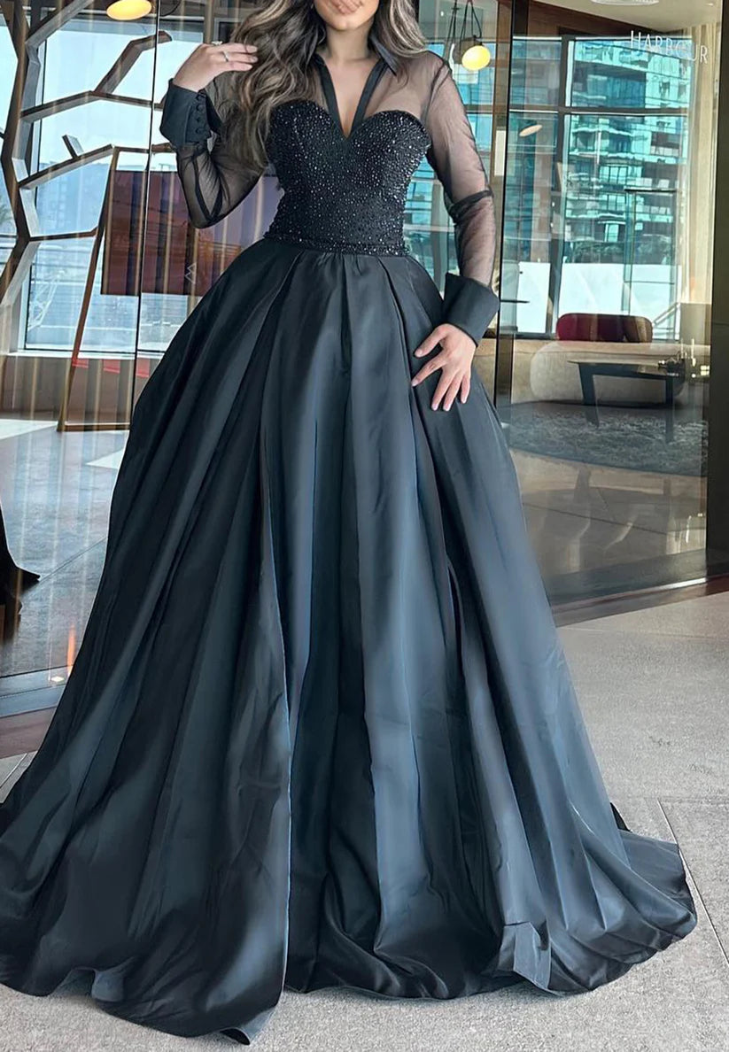 V-Neck Long Sleeves Beaded Pleated A-Line Evening Dress simple gentle atmospheric and unique desi Bring summer colors to enhance whiteness