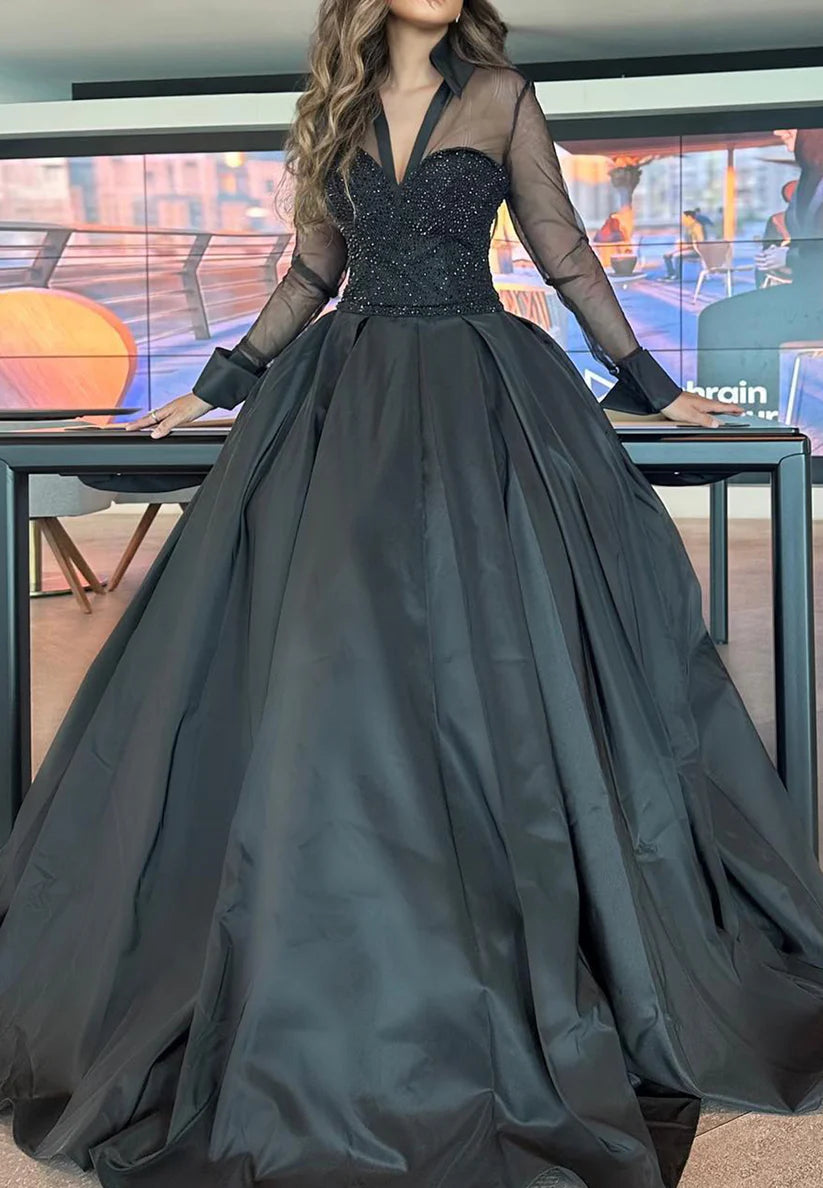 V-Neck Long Sleeves Beaded Pleated A-Line Evening Dress simple gentle atmospheric and unique desi Bring summer colors to enhance whiteness