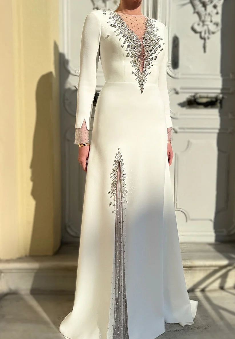 V-Neck Long Sleeves Beaded Side Slit Sleek Sheath Evening Dress simple gentle atmospheric and unique desi Bring summer colors to enhance whiteness