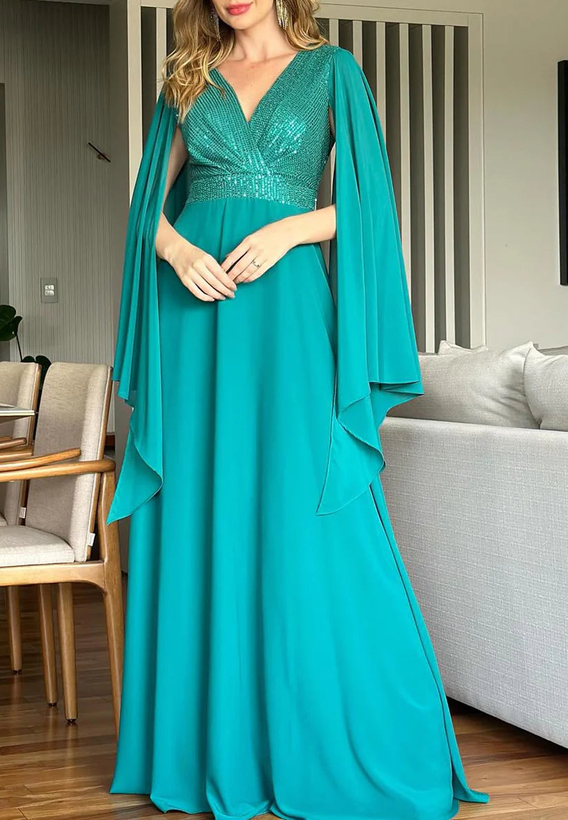 V-Neck Long Sleeves Chiffon A-Line Mother of Bride Dress simple gentle atmospheric and unique desi Bring summer colors to enhance whiteness