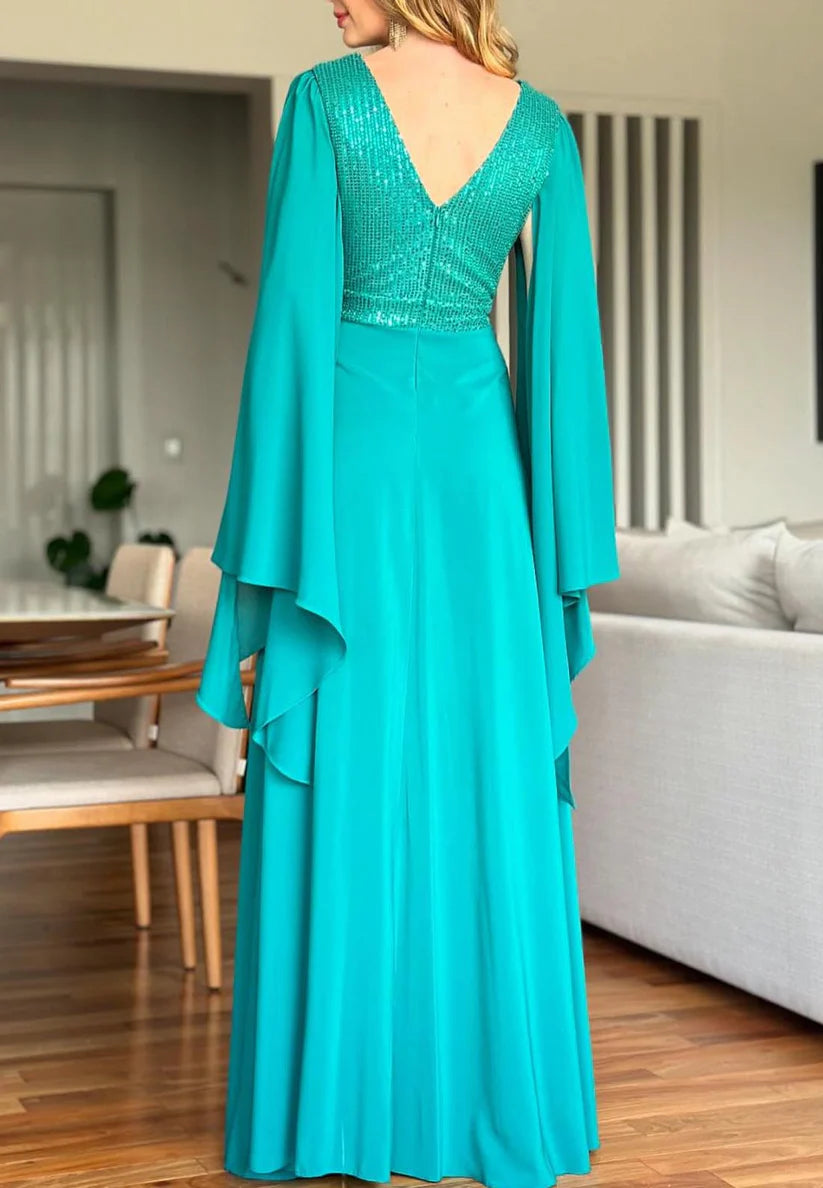 V-Neck Long Sleeves Chiffon A-Line Mother of Bride Dress simple gentle atmospheric and unique desi Bring summer colors to enhance whiteness