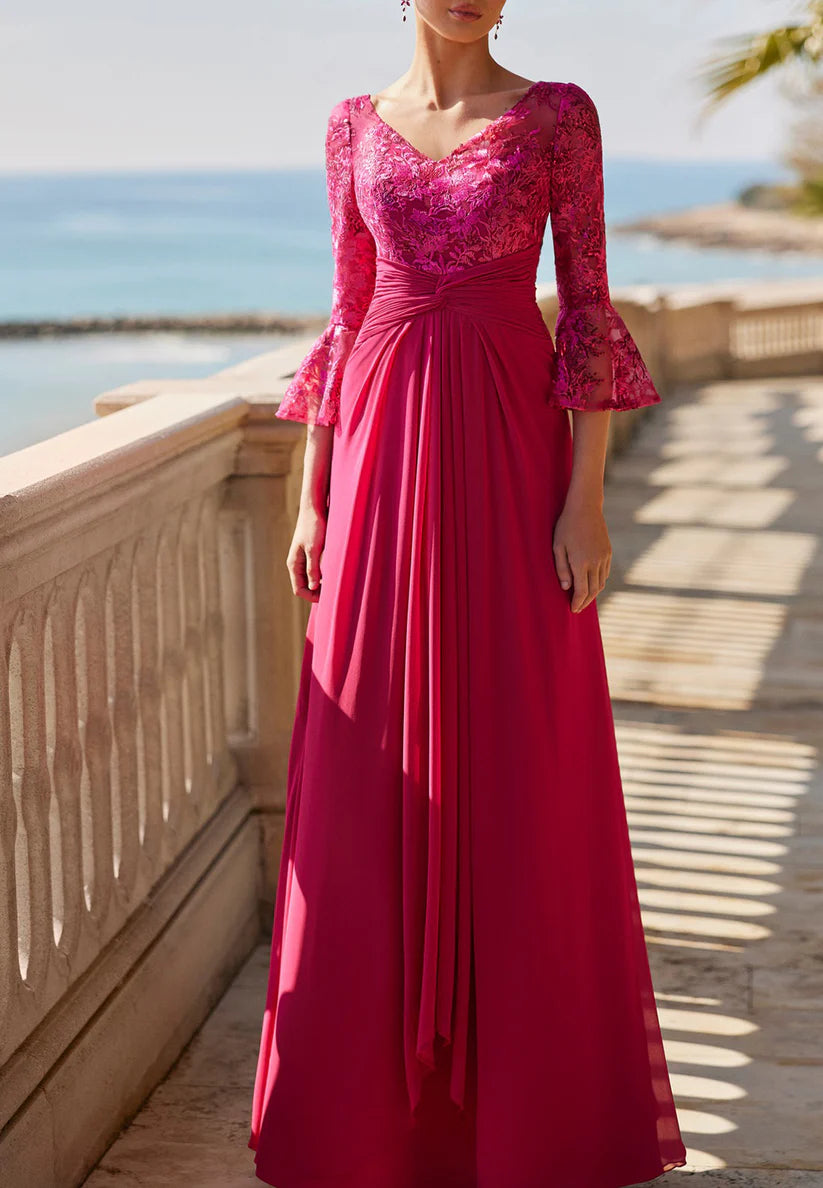 V-Neck Long Sleeves Floral Pleated A-Line Mother of Bride Dress simple gentle atmospheric and unique desi Bring summer colors to enhance whiteness