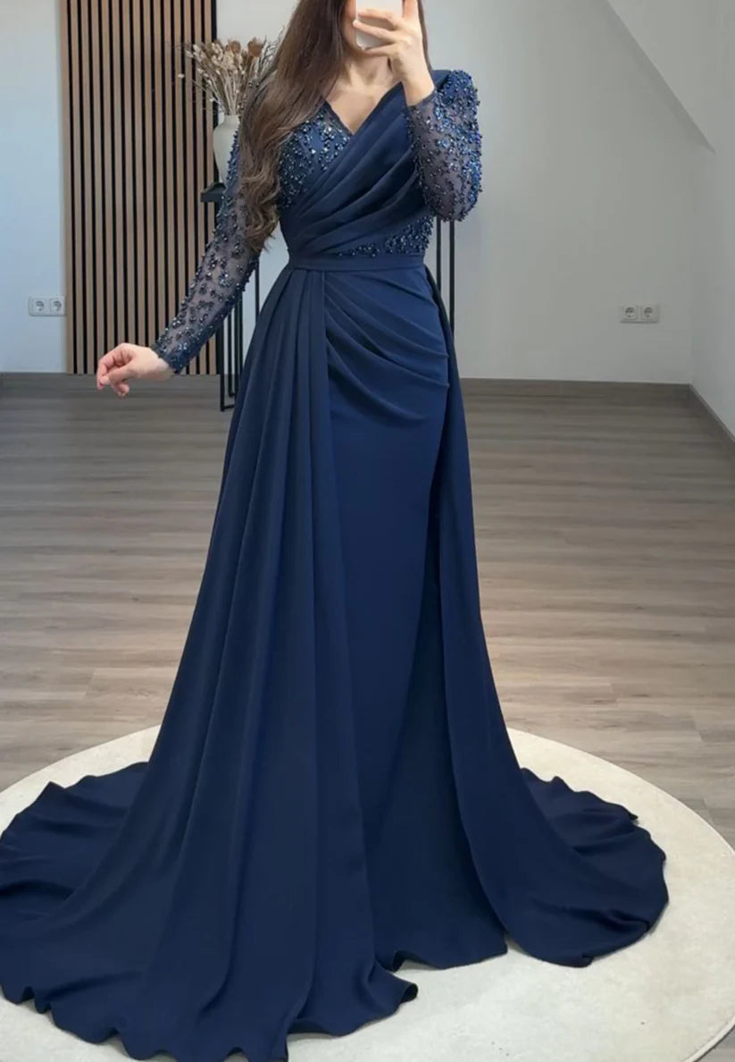 V-Neck Long Sleeves Pleated Beaded Emboridery Sheath Formal Dress simple gentle atmospheric and unique desi Bring summer colors to enhance whiteness