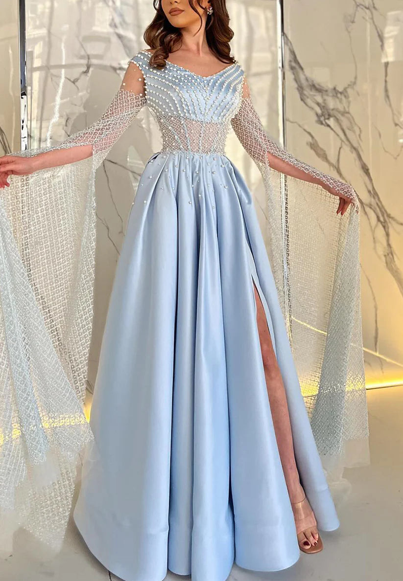 V-Neck Long Sleeves Sheer Pleated Beading A-Line Prom Dress simple gentle atmospheric and unique desi Bring summer colors to enhance whiteness