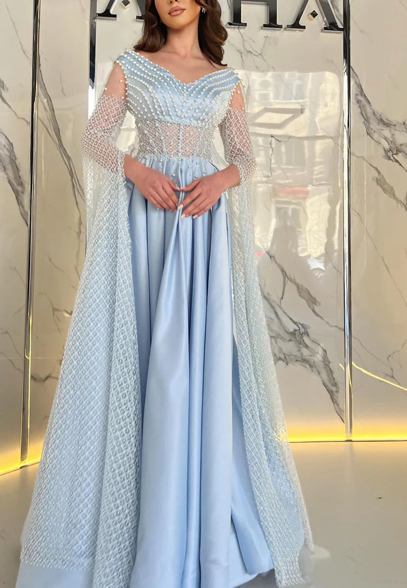 V-Neck Long Sleeves Sheer Pleated Beading A-Line Prom Dress simple gentle atmospheric and unique desi Bring summer colors to enhance whiteness