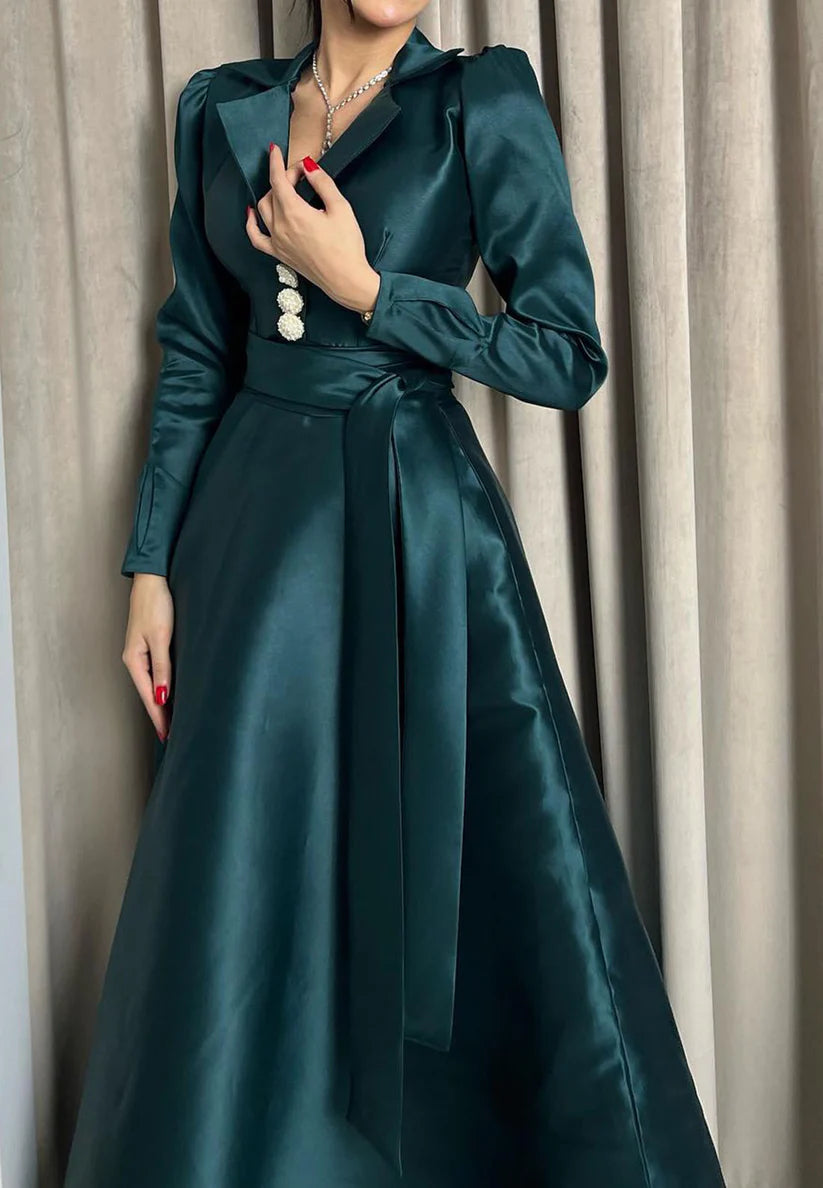 V-Neck Long Sleeves Sleek Satin A-Line Formal Dress simple gentle atmospheric and unique desi Bring summer colors to enhance whiteness