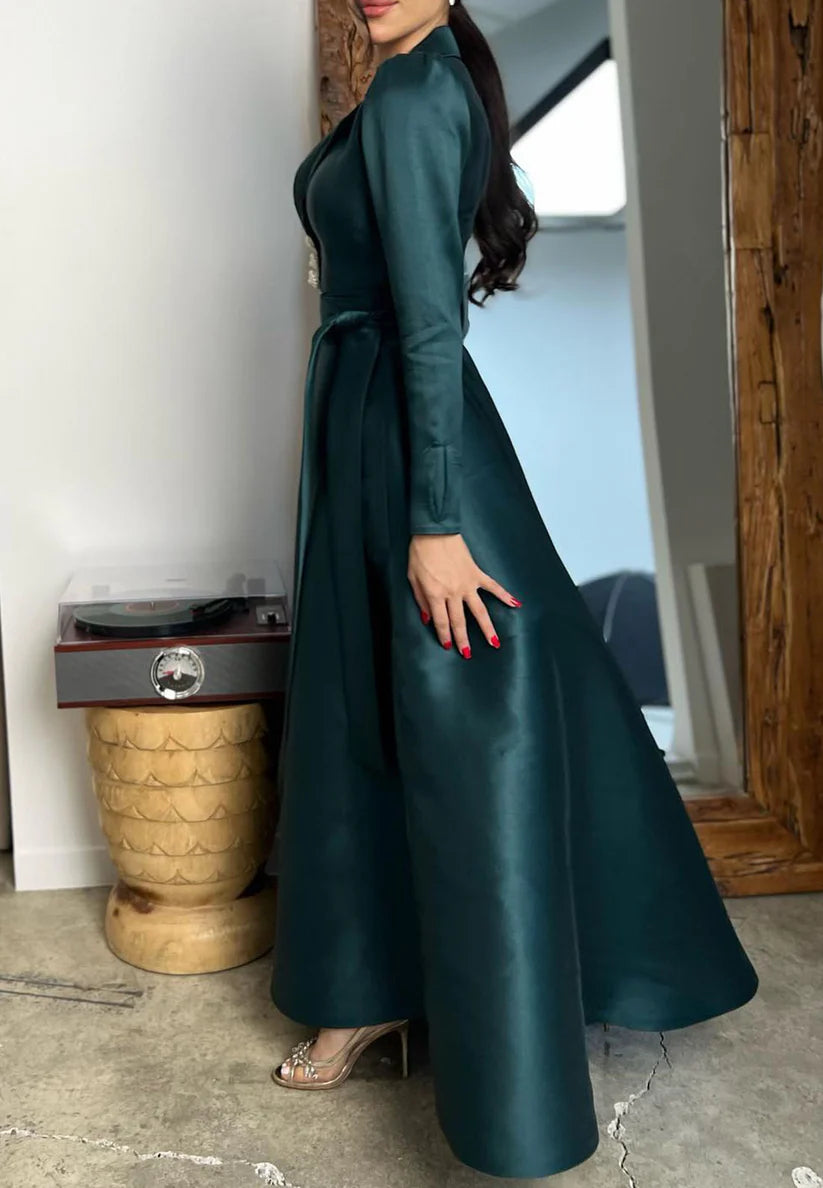V-Neck Long Sleeves Sleek Satin A-Line Formal Dress simple gentle atmospheric and unique desi Bring summer colors to enhance whiteness