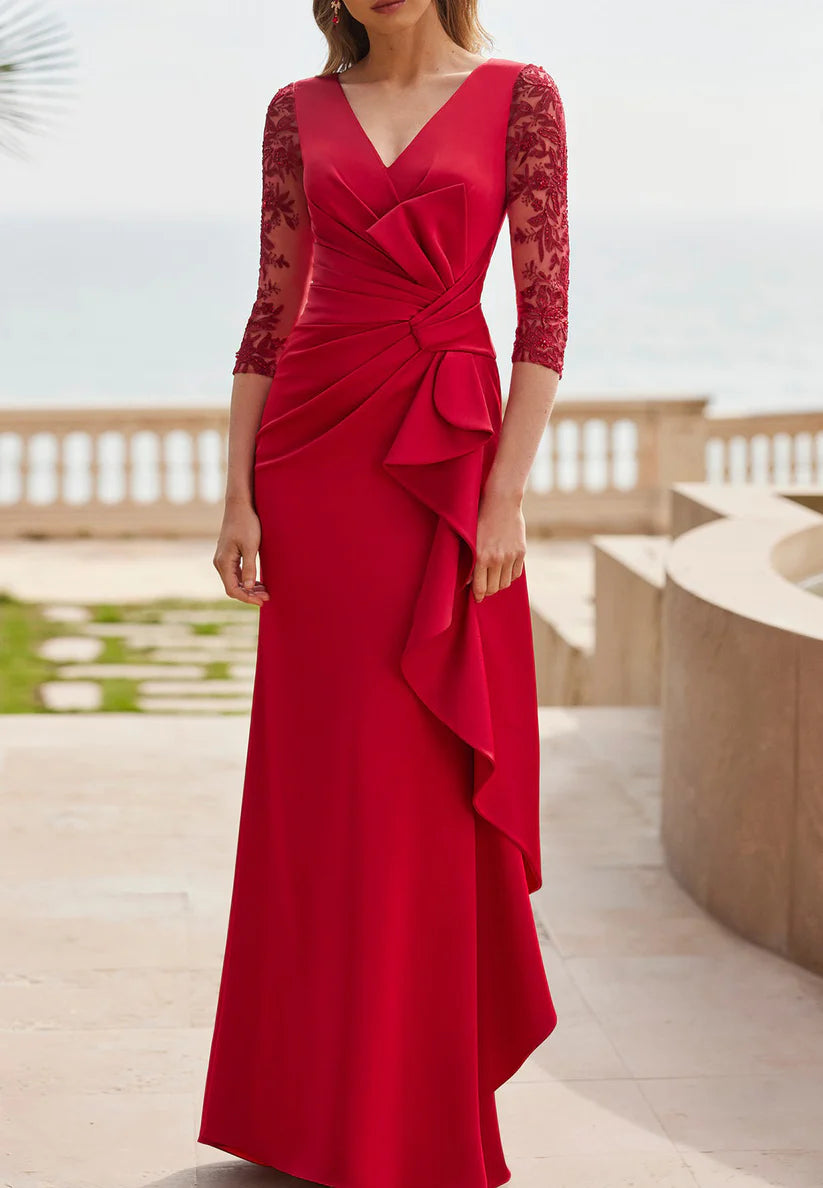 V-Neck Neck Long Sleeveless Appliques Ruffled Sheath Mother of Bride Dress simple gentle atmospheric and unique desi Bring summer colors to enhance whiteness