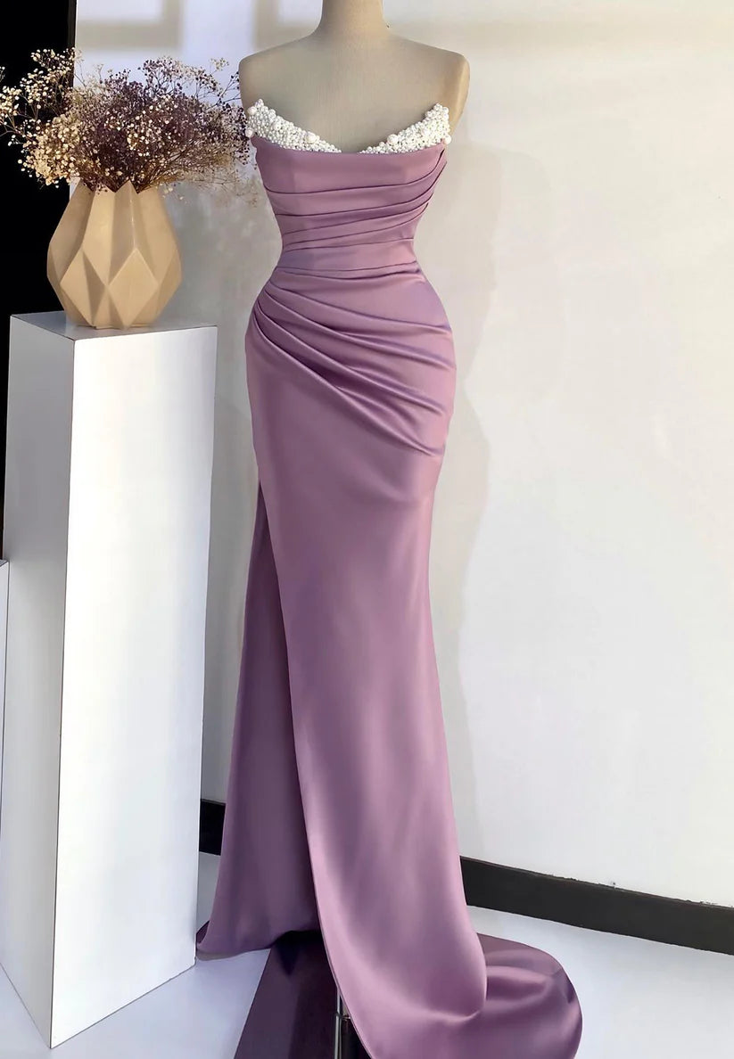 V-Neck Pearl Straplesss Pleated Side Slit Sheath Prom Dress simple gentle atmospheric and unique desi Bring summer colors to enhance whiteness