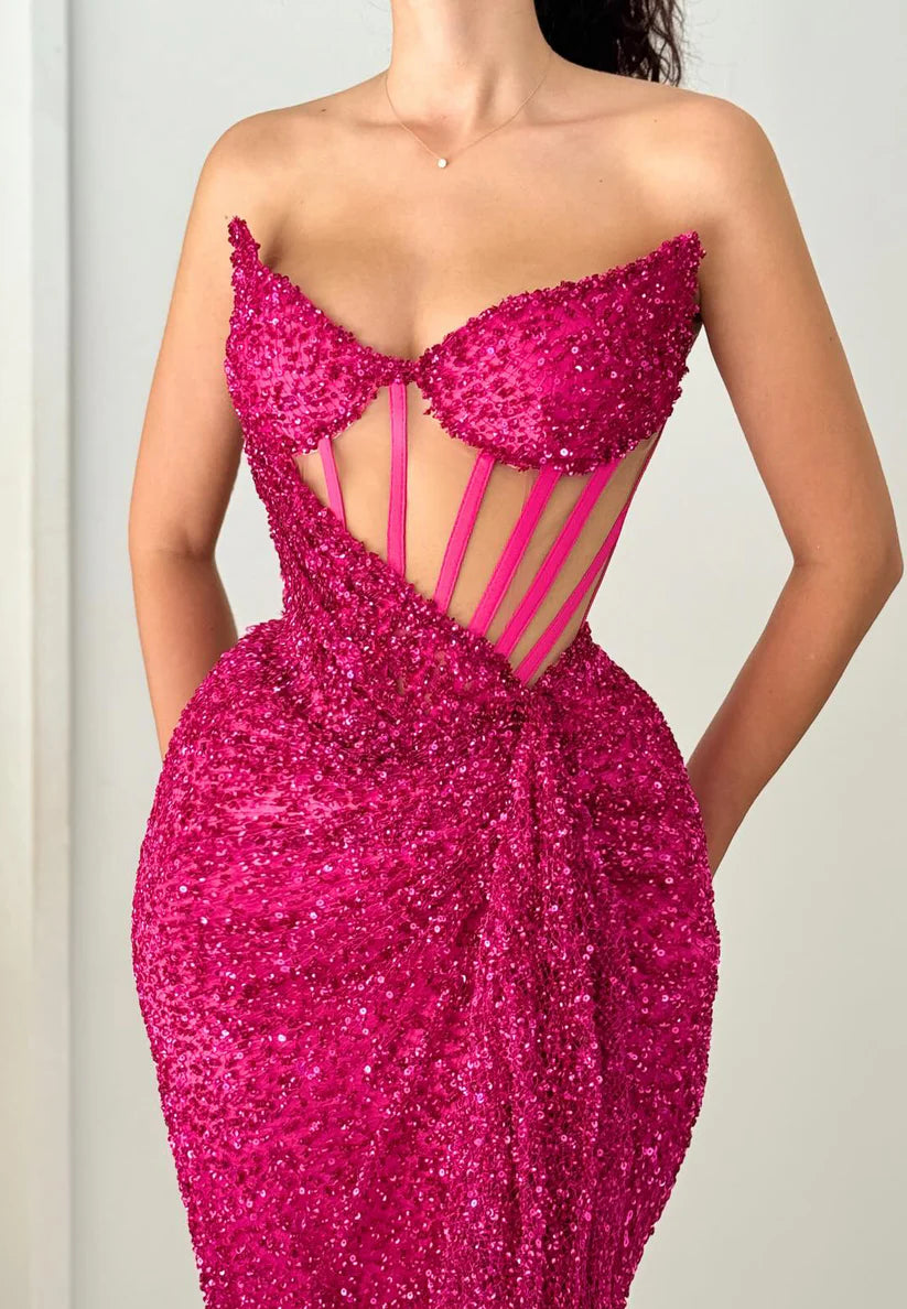 V-Neck Sheer Sleeveless Sequins Ruched Evening Dress Sheath Prom Dress simple gentle atmospheric and unique desi Bring summer colors to enhance whiteness