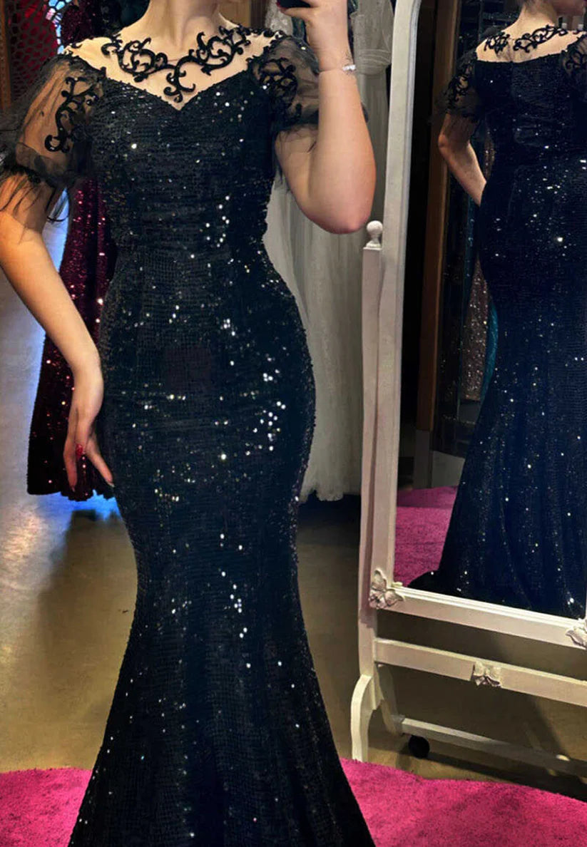 V-Neck Short Sleeves Appliques Sequins Sparkly Mermaid Evening Dress simple gentle atmospheric and unique desi Bring summer colors to enhance whiteness