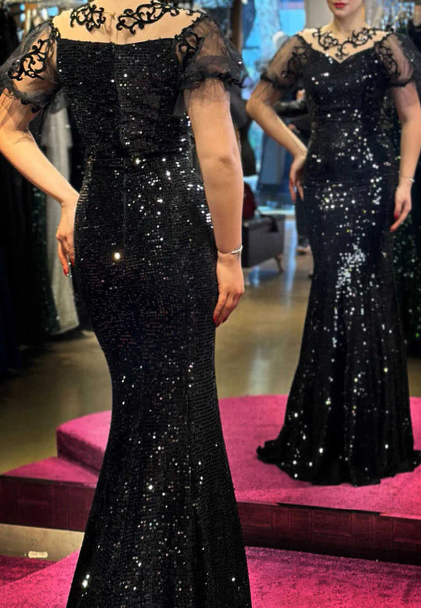 V-Neck Short Sleeves Appliques Sequins Sparkly Mermaid Evening Dress simple gentle atmospheric and unique desi Bring summer colors to enhance whiteness