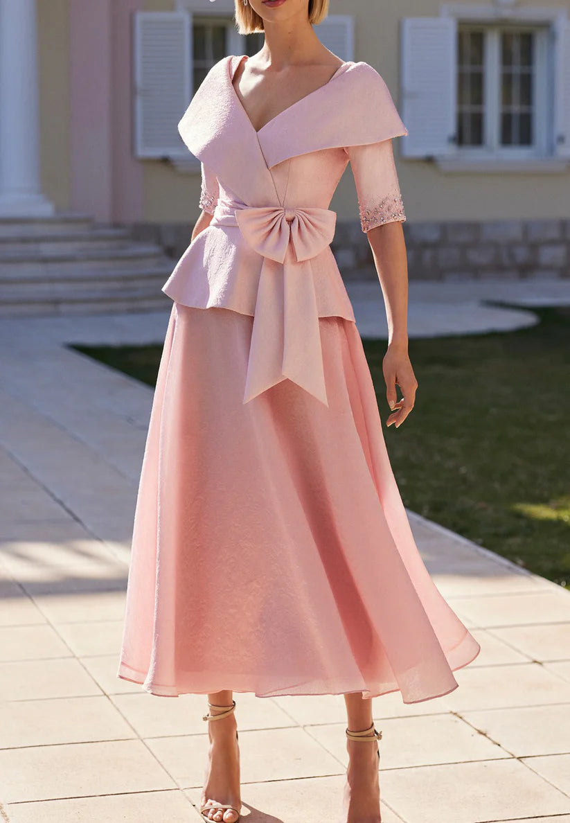 V-Neck Short Sleeves Bowknot A-Line Mother of Bride Dress simple gentle atmospheric and unique desi Bring summer colors to enhance whiteness ﻿