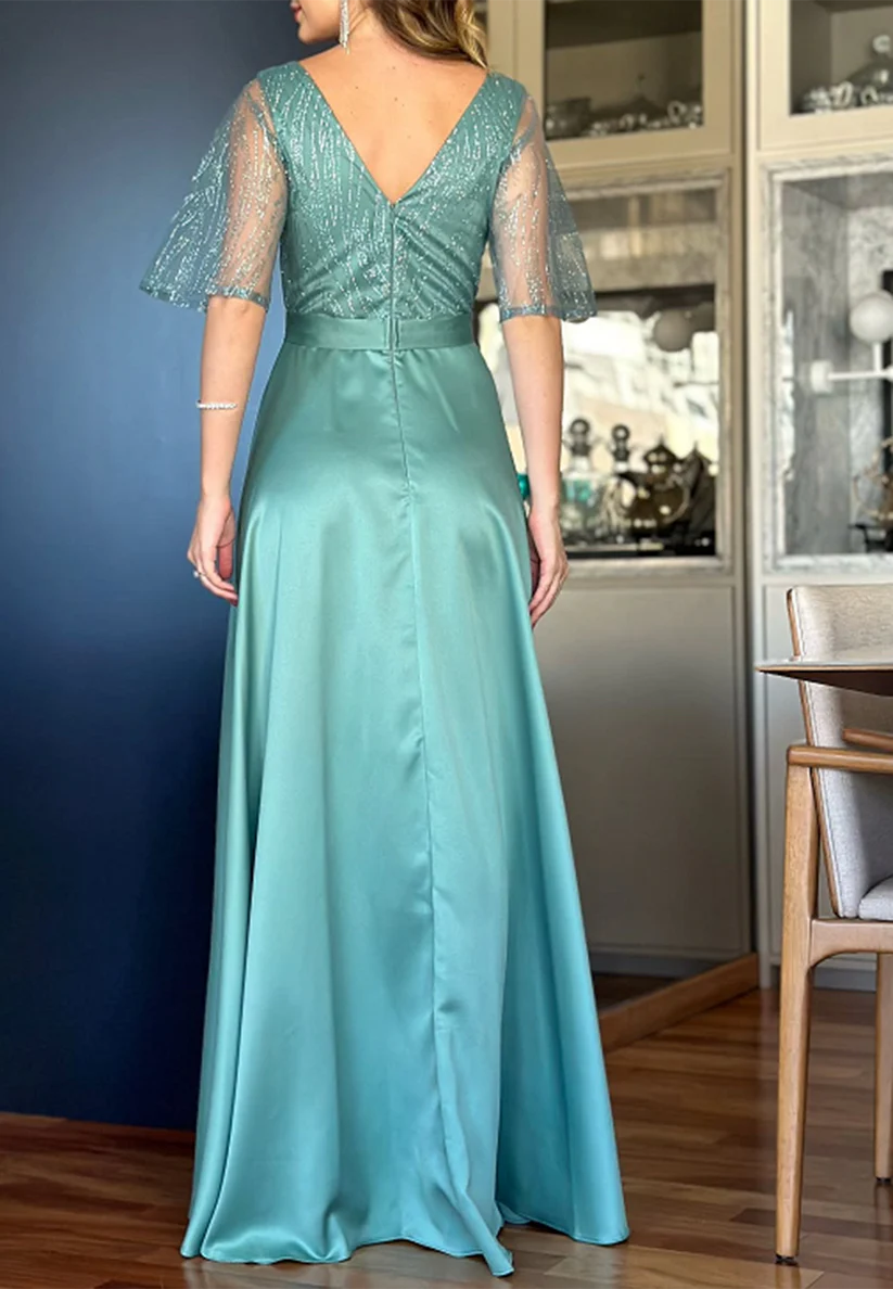 V-Neck Short Sleeves Sleek A-Line Mother of Bride Dress simple gentle atmospheric and unique desi Bring summer colors to enhance whiteness