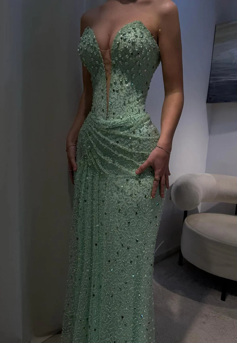 V-Neck Sleeveless Beaded Embroidery Ruched Sheath Prom Dress simple gentle atmospheric and unique desi Bring summer colors to enhance whitenessness